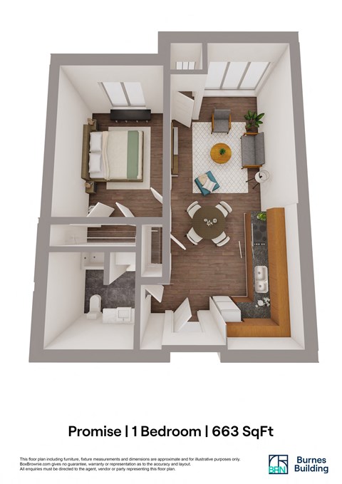 Floor plan for 1 bed, 1 bath, 663 sqft